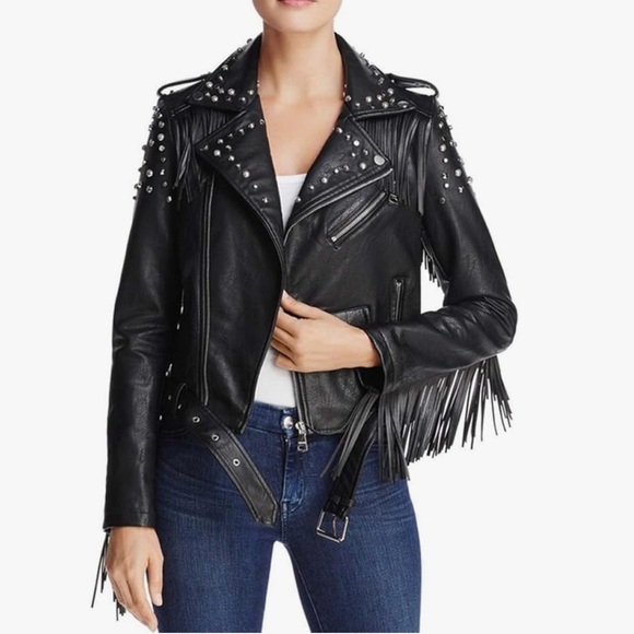 Vigoss Black Leather Jacket with Studs and Fringe - Picture 3 of 16